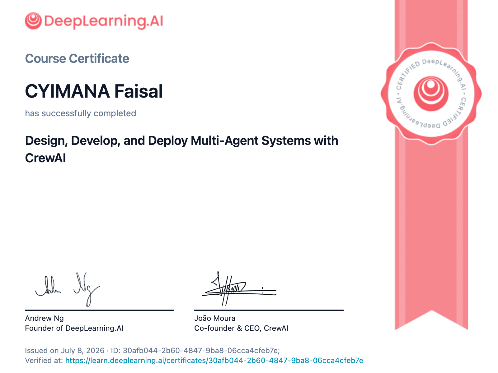 DeepLearning.AI course certificate for Design, Develop, and Deploy Multi-Agent Systems with CrewAI